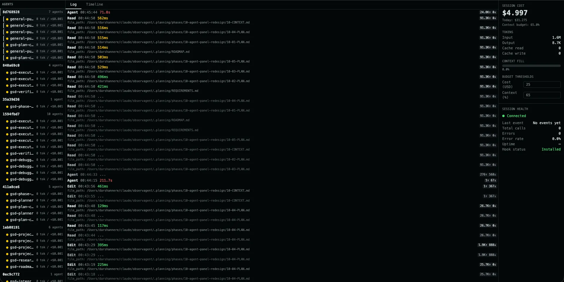 Live ObservAgent dashboard showing multi-agent activity, real-time logs, and in-session cost tracking